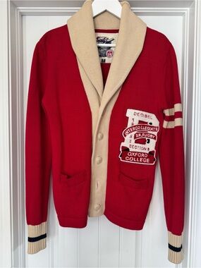 Diesel Red and Cream Shawl Collar Men’s Cardigan with Oxford Patch